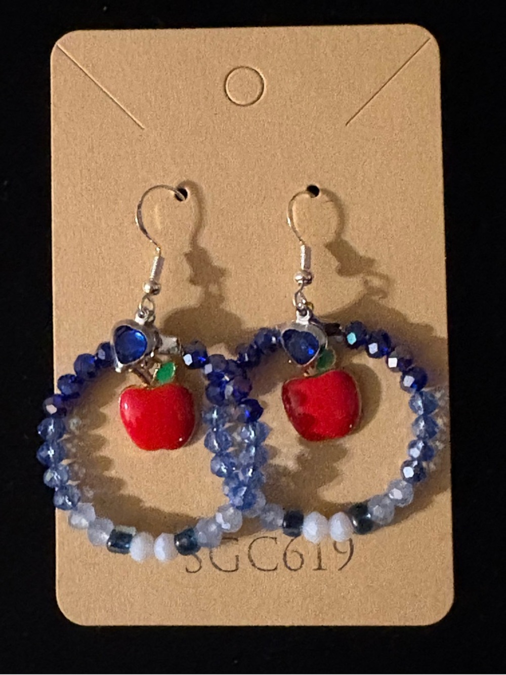 Blue Beaded Hoop Earrings with Red Apple Charm - Picture 2 of 3